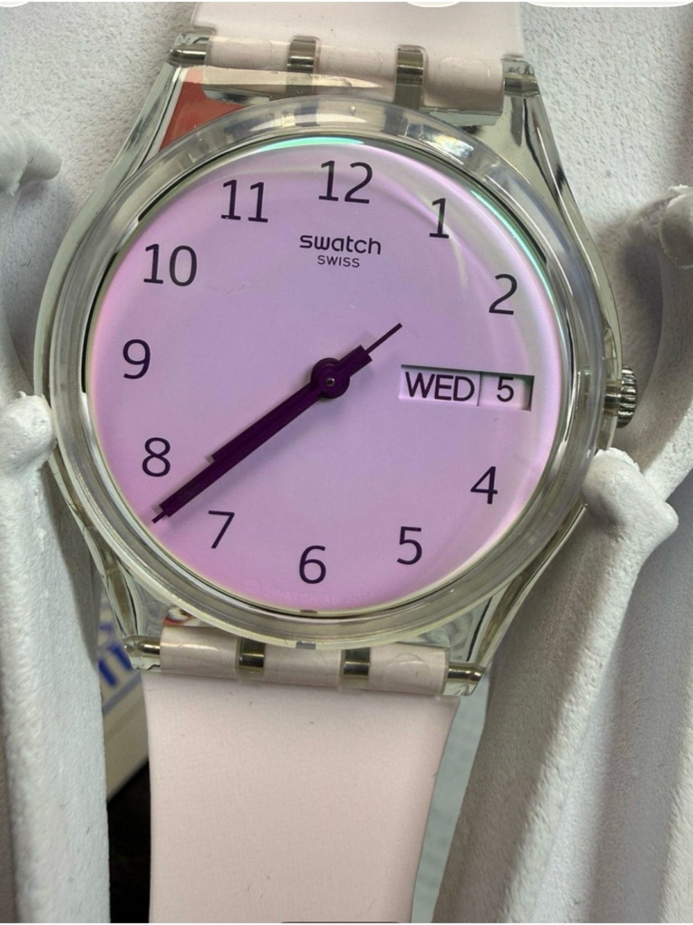 Swatch Pink Dial Clear Case Analog Watch with Day Window